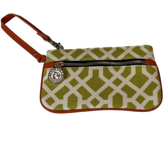 Spartina Daufuskie Island Lime Green Pattern Linen and  Leather Zip  Wristlet‎ - Picture 1 of 11